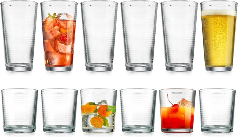 Glaver's Drinking Glasses Set of 12. Everyday Drinking Glasses. Mixed Drinkware Sets 6-17 oz Tall Kitchen Glass Cups, and 6-13 Oz Rocks Glasses. Ribbed Glassware Sets for Cocktail Beer Juice Water. - Image 1