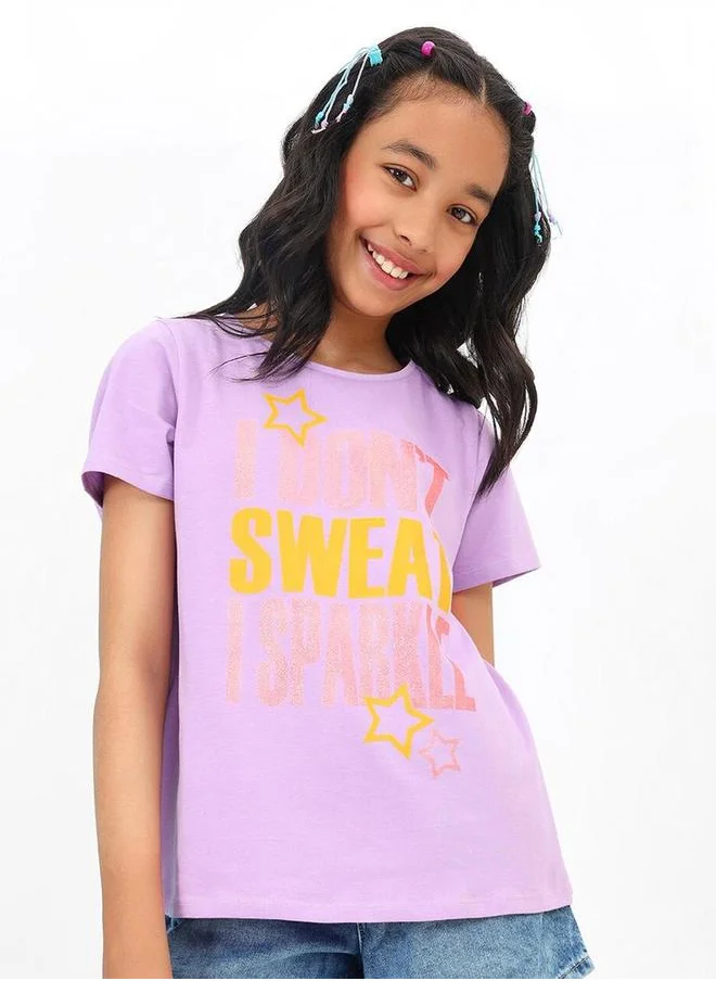Bonkids Regular Fit Printed Lavender Cotton T-Shirt For Girls Round Neck Flat Collar Pull On 100 % Cotton