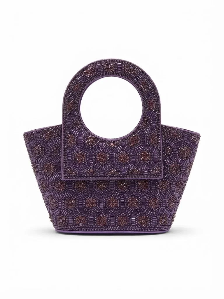 Viny Women's Crystal Medallion Clutch Bag – Floral Beaded Design with Ring Handle & Detachable Chain Strap