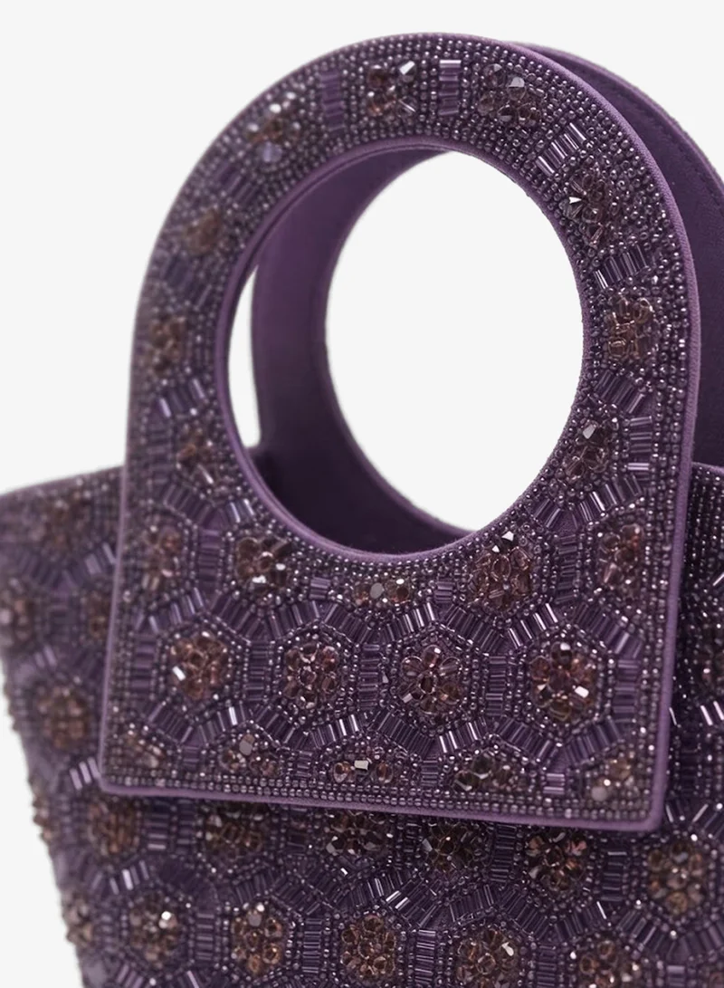 Viny purple Viny Women's Crystal Medallion Clutch Bag – Floral Beaded Design with Ring Handle & Detachable Chain Strap for Women | Best Price UAE