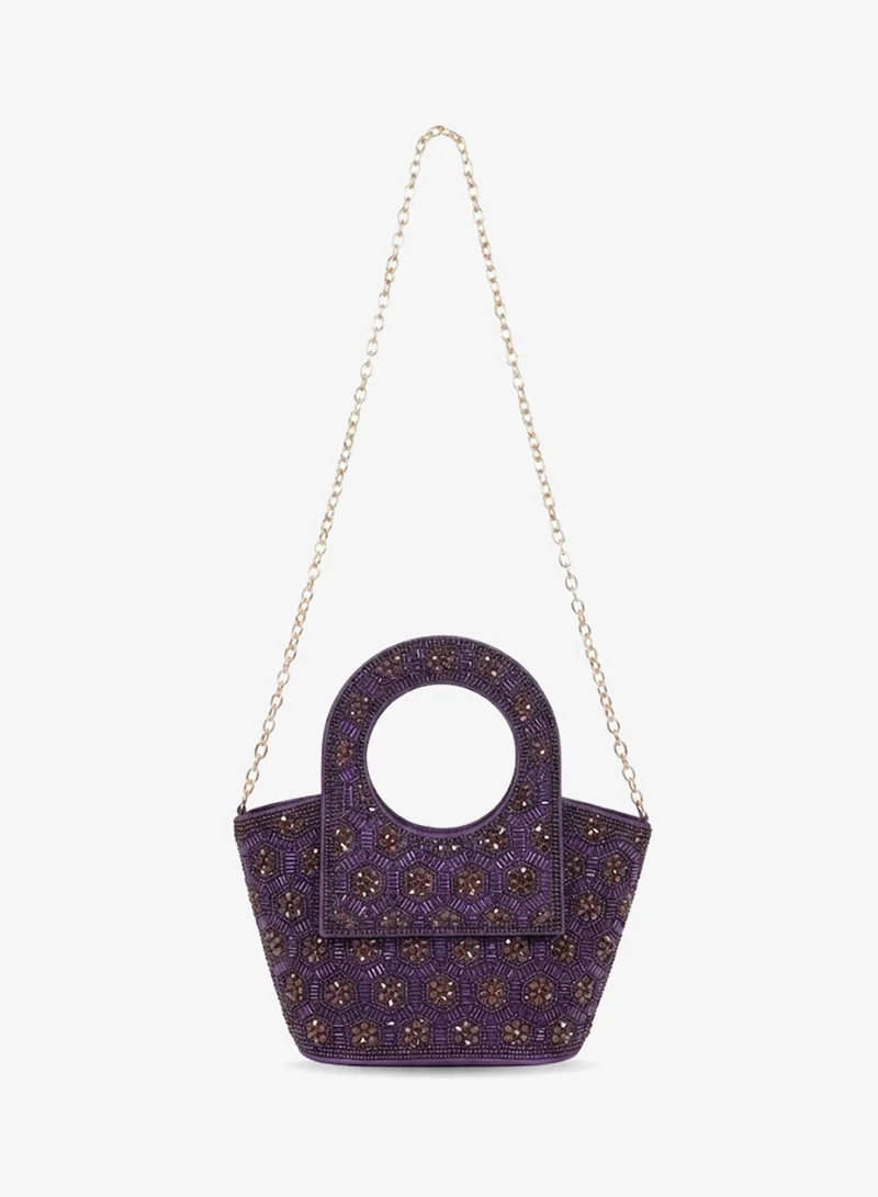 Viny purple Viny Women's Crystal Medallion Clutch Bag – Floral Beaded Design with Ring Handle & Detachable Chain Strap for Women | Best Price UAE