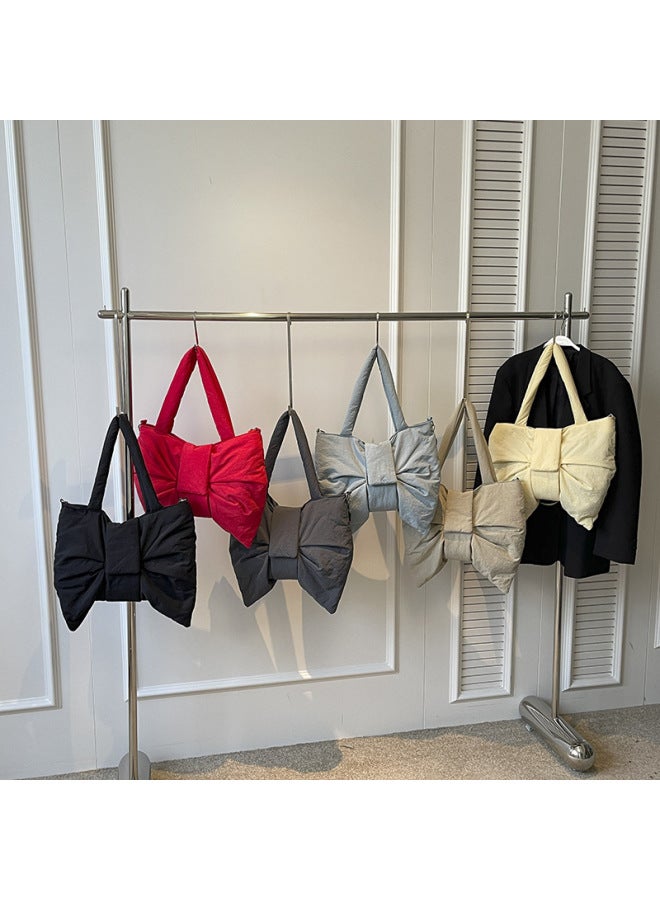 Korean Style Bow Large Capacity Tote Bag Women's 2024 Internet Popular Same Style Portable Shoulder Bag Niche Crossbody Canvas Bag-Color:Black-Dimensions:38*11*33  - Image 5