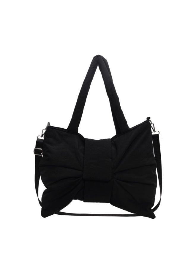Korean Style Bow Large Capacity Tote Bag Women's 2024 Internet Popular Same Style Portable Shoulder Bag Niche Crossbody Canvas Bag-Color:Black-Dimensions:38*11*33  - Image 1