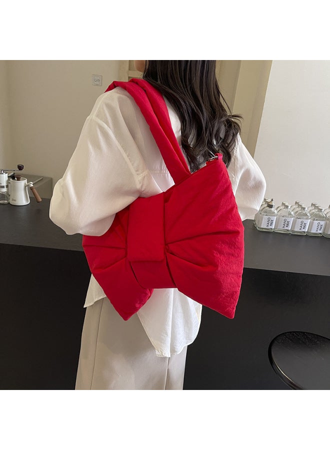 Korean Style Bow Large Capacity Tote Bag Women's 2024 Internet Popular Same Style Portable Shoulder Bag Niche Crossbody Canvas Bag-Color:Black-Dimensions:38*11*33  - Image 4