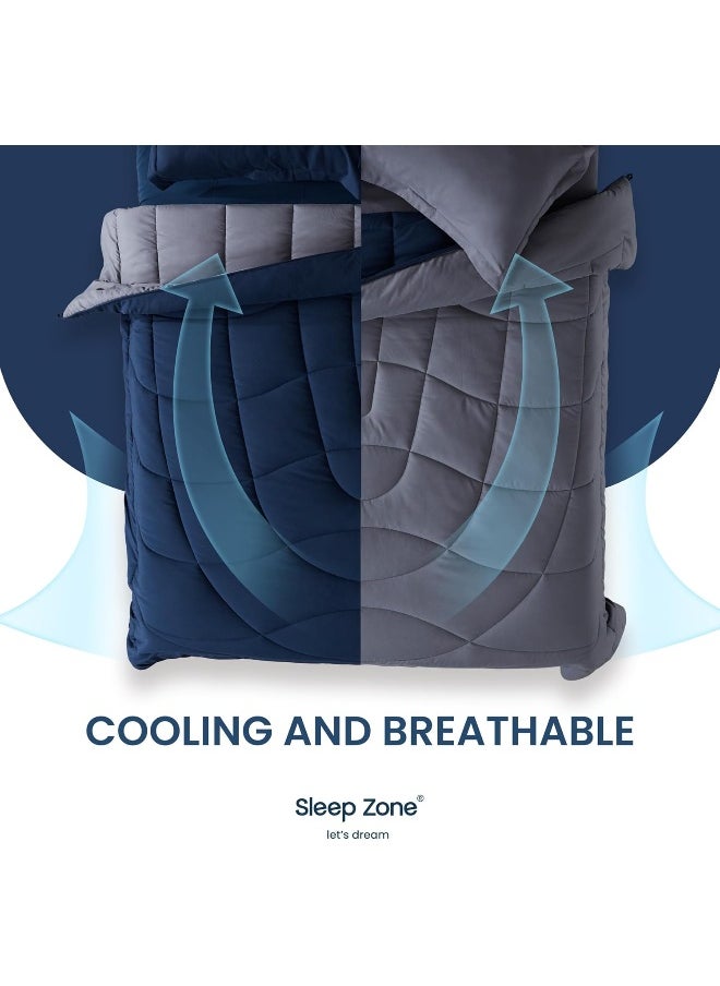 SLEEP ZONE Reversible Queen Cooling Comforter, Super Soft Bedding Duvet Down Alternative Comforter for All Seasons, A Side Navy + B Side Grey