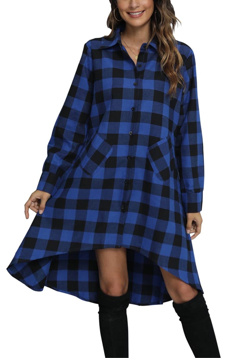 olrain Womens Plaids V Neck Long Sleeve Irregular Hem Casual Shirt Dress Large Blue - Image 2