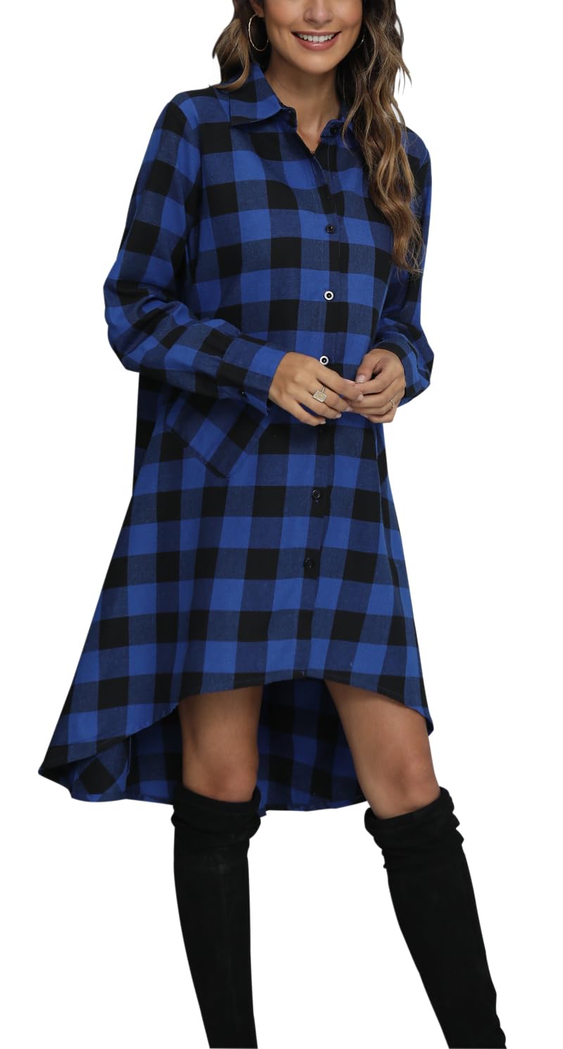 olrain Womens Plaids V Neck Long Sleeve Irregular Hem Casual Shirt Dress Large Blue - Image 3