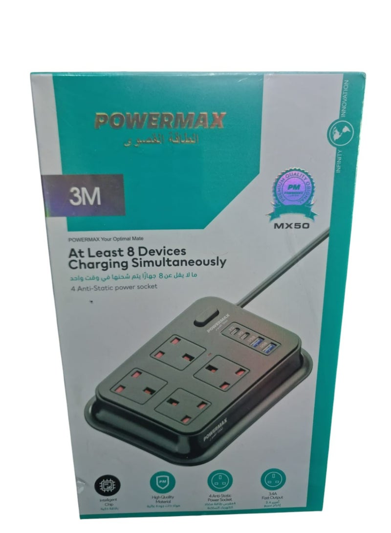 PowerMax Power Strip 3-meter 4 outlets and 2 USB + 2 USB-C ports , r - 4 Wide Sockets for Office, Ideal for All Electronic Devices, Black - Image 1