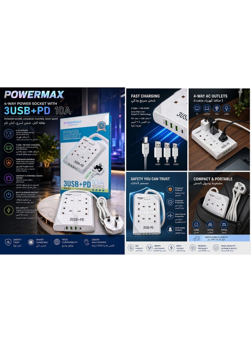 PowerMax Power Strip 1-meter 4 outlets and 3 USB +  USB-C ports , r - 4 Wide Sockets for Office, Ideal for All Electronic Devices, Black - Image 2