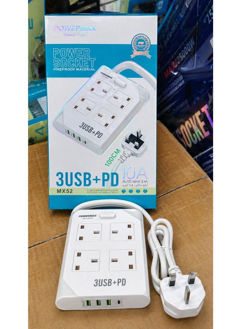 PowerMax Power Strip 1-meter 4 outlets and 3 USB +  USB-C ports , r - 4 Wide Sockets for Office, Ideal for All Electronic Devices, Black - Image 1
