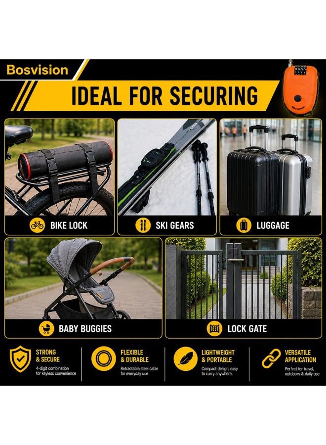 Bosvision Ultra-Secure 4-digit Combination Lock with 3 Feet Retractable Cable for Bike, Ski, Snowboard and Stroller - Image 3