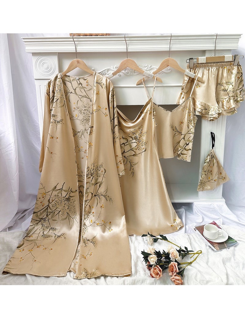 Loquat Women's Imitation Silk Printed 5-Piece Set Nightgown Sleepwear Set Soft Loungewear Pajamas Suit Champagne Mix 