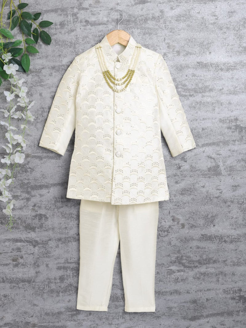 AHHAAAA Kids Ethnic Cotton Silk Blend Sequin Print Indo-Western Sherwani Set for Boys (Cream, 8-9 Yrs) 496MF - Image 2