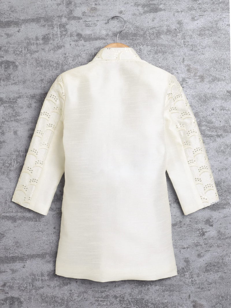 AHHAAAA Kids Ethnic Cotton Silk Blend Sequin Print Indo-Western Sherwani Set for Boys (Cream, 8-9 Yrs) 496MF - Image 3