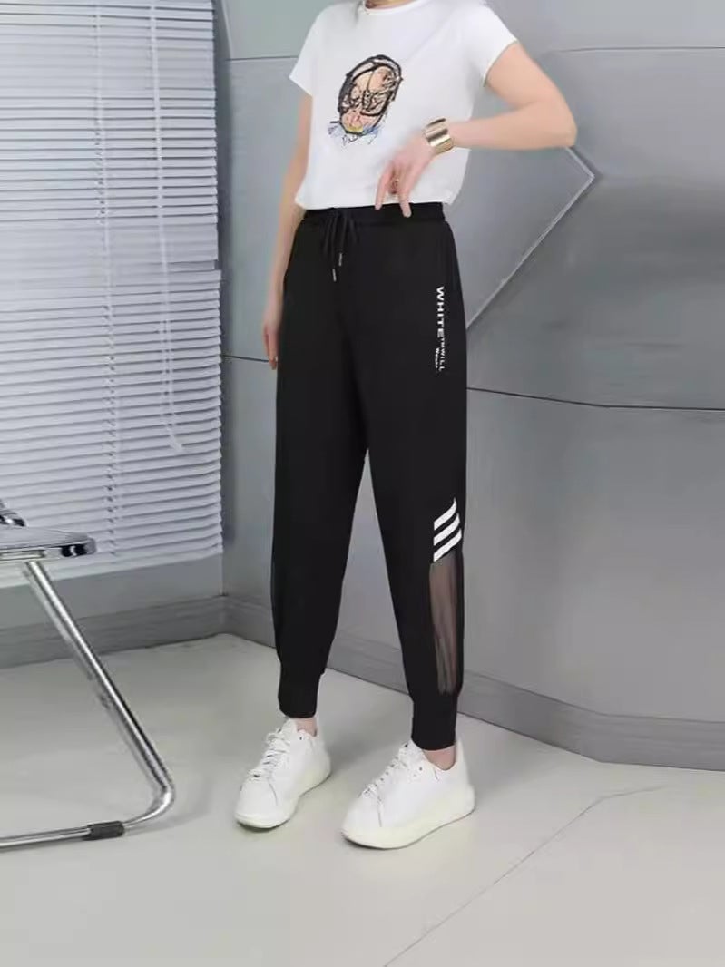 Ice Silk Cropped Pants Women''s Summer Thin plus size Hallen Pants New Arrival Hollow-out Stitching Lace-up Pants Casual Pants - Image 3