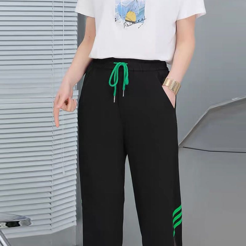 Ice Silk Cropped Pants Women''s Summer Thin plus size Hallen Pants New Arrival Hollow-out Stitching Lace-up Pants Casual Pants - Image 1