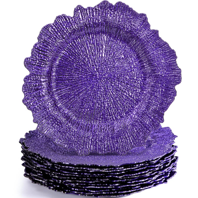 WUWEOT 12 Pack Purple Charger Plates, 12.7" Plastic Reef Dinner Under Plate, Round Charger Service Base Plate Bulk with Ruffled Rim for Party, Wedding, Catering Event, Tabletop Decor - Image 1