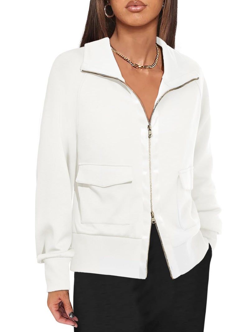 Fisoew Women's Zip up Sweatshirt Collared Neck Long Sleeve Loose Casual Lightweight Jacket with Pockets White - Image 1