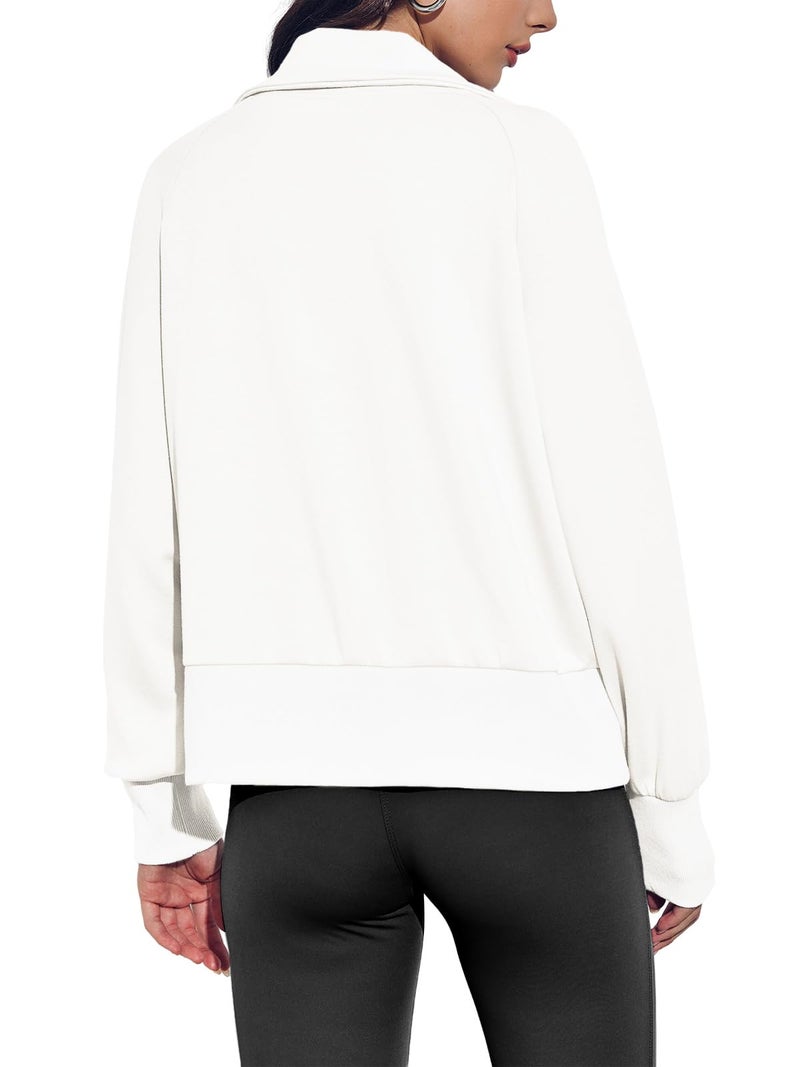 Fisoew Women's Zip up Sweatshirt Collared Neck Long Sleeve Loose Casual Lightweight Jacket with Pockets White - Image 4