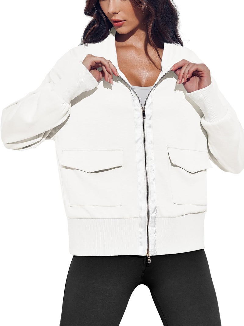 Fisoew Women's Zip up Sweatshirt Collared Neck Long Sleeve Loose Casual Lightweight Jacket with Pockets White - Image 2