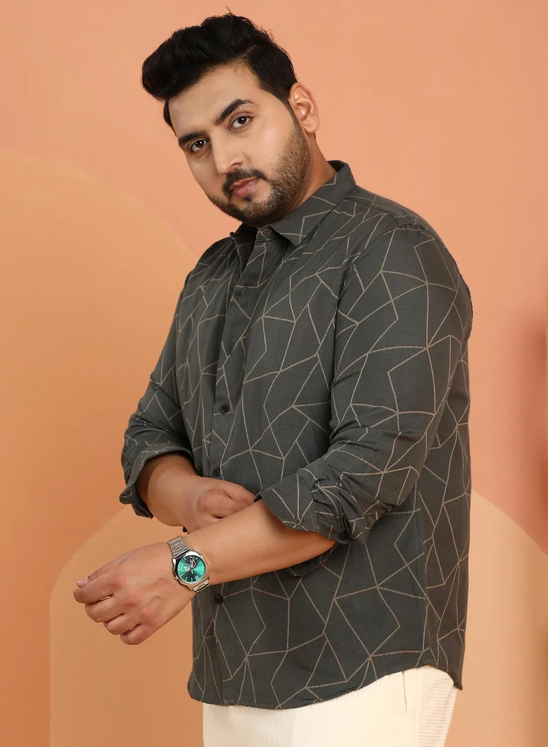 Instafab Plus Instafab Plus Men's Sacramento Green Geometric-Veined Shirt For Casual Wear | Spread Collar | Long Cuffed Sleeves | Button Closure | Plus Size Shirt Crafted With Comfort Fit For Everyday Wear