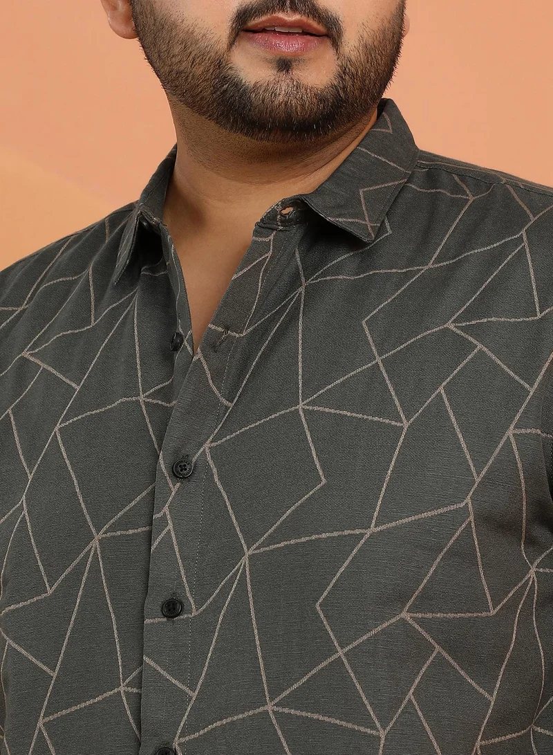Instafab Plus Instafab Plus Men's Sacramento Green Geometric-Veined Shirt For Casual Wear | Spread Collar | Long Cuffed Sleeves | Button Closure | Plus Size Shirt Crafted With Comfort Fit For Everyday Wear