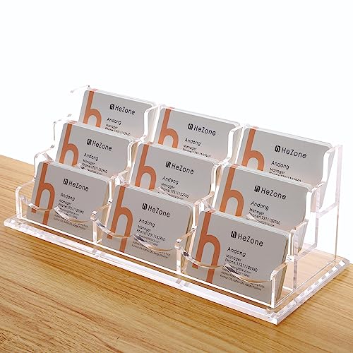 HeZone Business Card Holder for Desk, Multiple Cards Display Stand Rack for Women and Men, Clear Acrylic Card Organizer 9 Slot 3 Tiers - Image 1