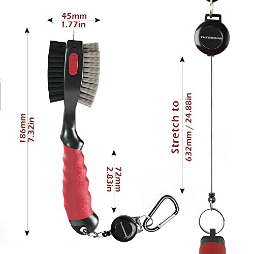 THIODOON 2 Pack Golf Club Brushes and Groove Cleaner with Magnetic Keychain Oversized Golf Brush Head and Retractable Spike Super Non-Slip Handle Comfortable Grip Golf Club Cleaner (2pcs Black Red) - Image 2