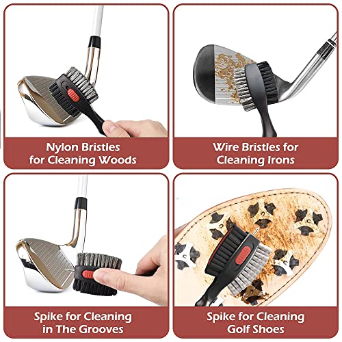 THIODOON 2 Pack Golf Club Brushes and Groove Cleaner with Magnetic Keychain Oversized Golf Brush Head and Retractable Spike Super Non-Slip Handle Comfortable Grip Golf Club Cleaner (2pcs Black Red) - Image 4