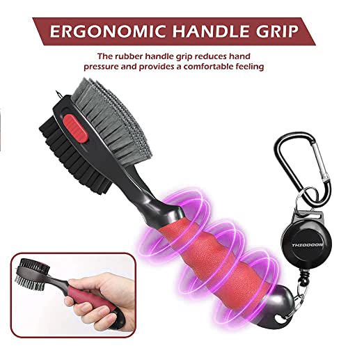 THIODOON 2 Pack Golf Club Brushes and Groove Cleaner with Magnetic Keychain Oversized Golf Brush Head and Retractable Spike Super Non-Slip Handle Comfortable Grip Golf Club Cleaner (2pcs Black Red) - Image 5