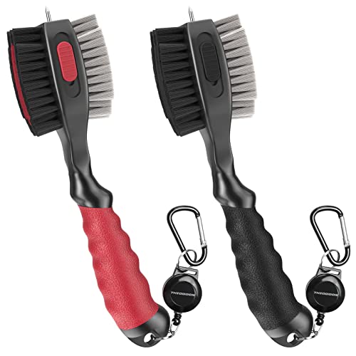 THIODOON 2 Pack Golf Club Brushes and Groove Cleaner with Magnetic Keychain Oversized Golf Brush Head and Retractable Spike Super Non-Slip Handle Comfortable Grip Golf Club Cleaner (2pcs Black Red) - Image 1
