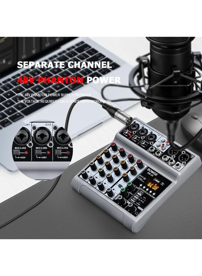 BOMGE BM-05 5 Channel Audio Mixer with USB Bluetooth 48V Phantom Power for Recording Streaming and Podcasting - Image 5