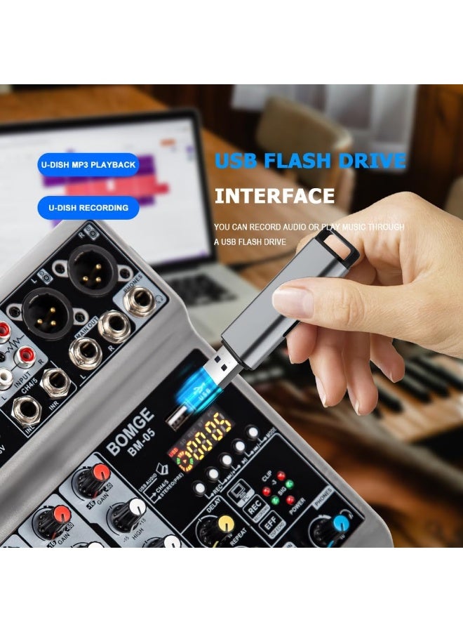 BOMGE BM-05 5 Channel Audio Mixer with USB Bluetooth 48V Phantom Power for Recording Streaming and Podcasting - Image 4