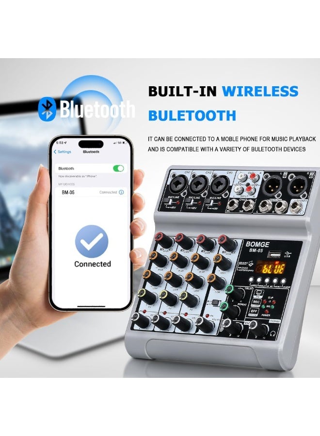 BOMGE BM-05 5 Channel Audio Mixer with USB Bluetooth 48V Phantom Power for Recording Streaming and Podcasting - Image 3