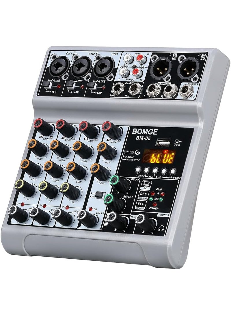 BOMGE BM-05 5 Channel Audio Mixer with USB Bluetooth 48V Phantom Power for Recording Streaming and Podcasting - Image 1