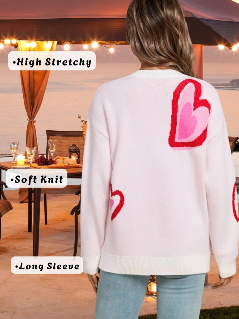 ShawGobow Heart Sweater,Cute Patterned Oversized Sweaters for Women,Valentines Day Crewneck Tops White Large - Image 4