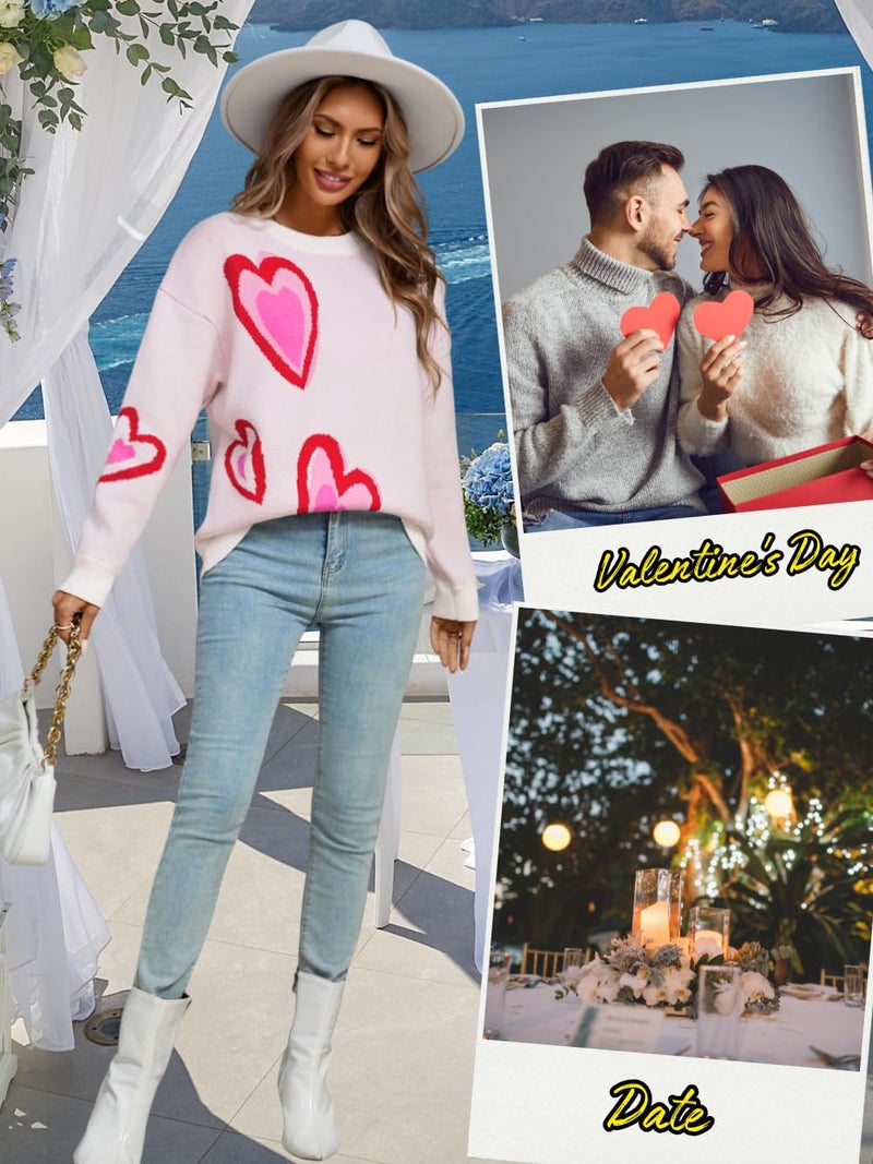 ShawGobow Heart Sweater,Cute Patterned Oversized Sweaters for Women,Valentines Day Crewneck Tops White Large - Image 3