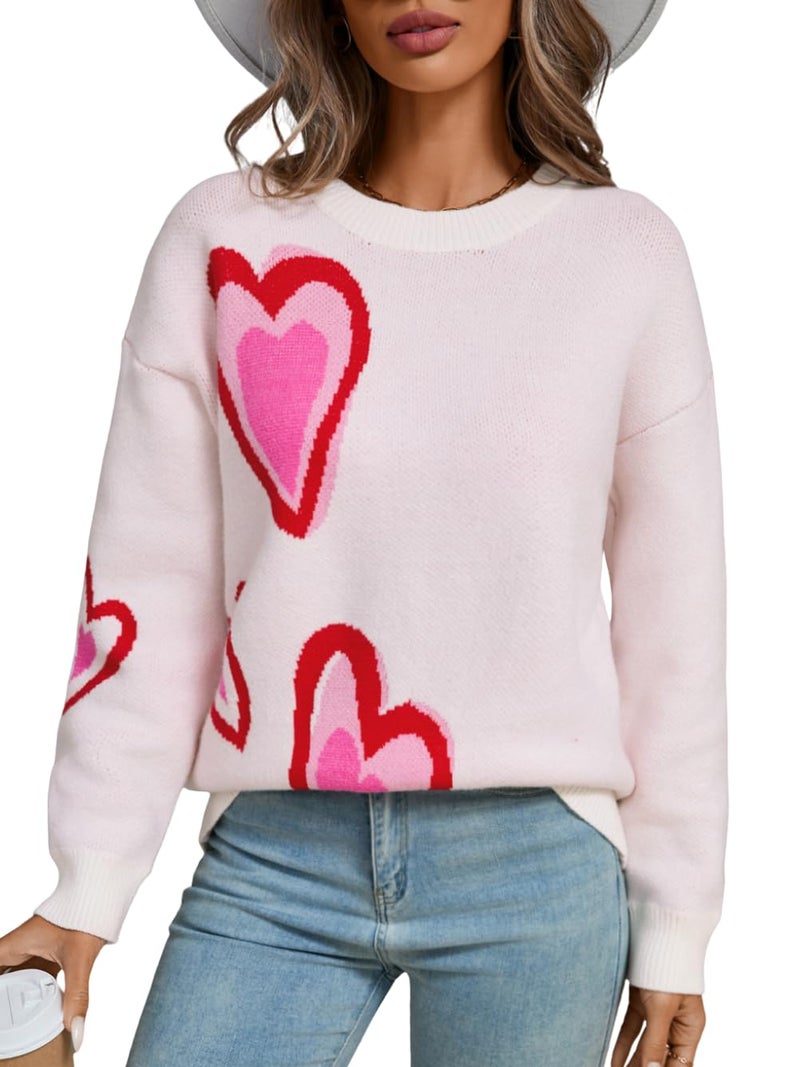 ShawGobow Heart Sweater,Cute Patterned Oversized Sweaters for Women,Valentines Day Crewneck Tops White Large - Image 1