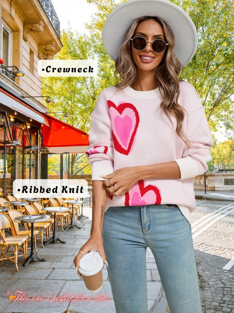 ShawGobow Heart Sweater,Cute Patterned Oversized Sweaters for Women,Valentines Day Crewneck Tops White Large - Image 5