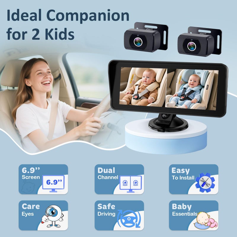 Yakry 2-Kids Baby Car Camera for Seat: 6.9 Inch Ultrawide Display with Two Cameras Rear Facing - USB Powered Backseat Camera HD 1080P Easy to Install - Image 3