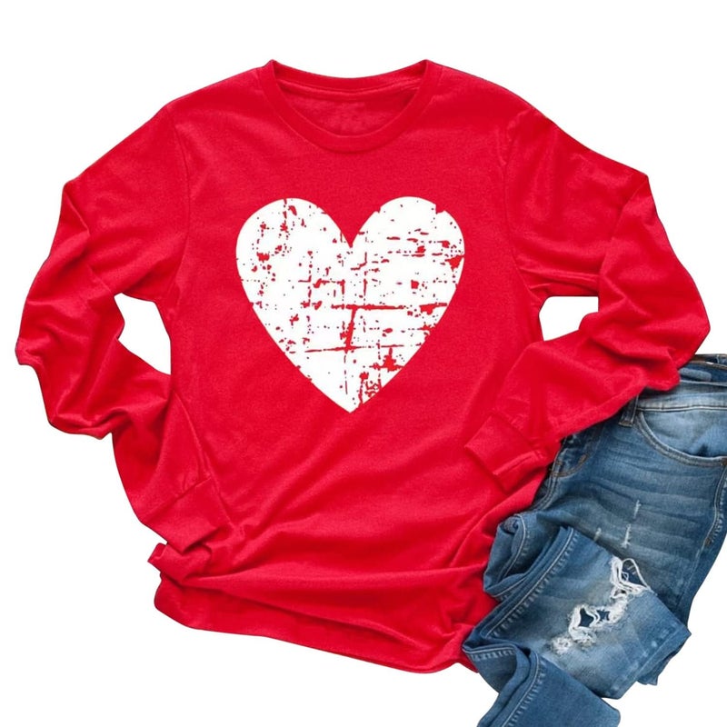 MHTOR Valentines Shirts Women Buffalo Plaid Love Heart Graphic Tees Letter Print Long Sleeve Tops Shirts(Large,A-Red-4)