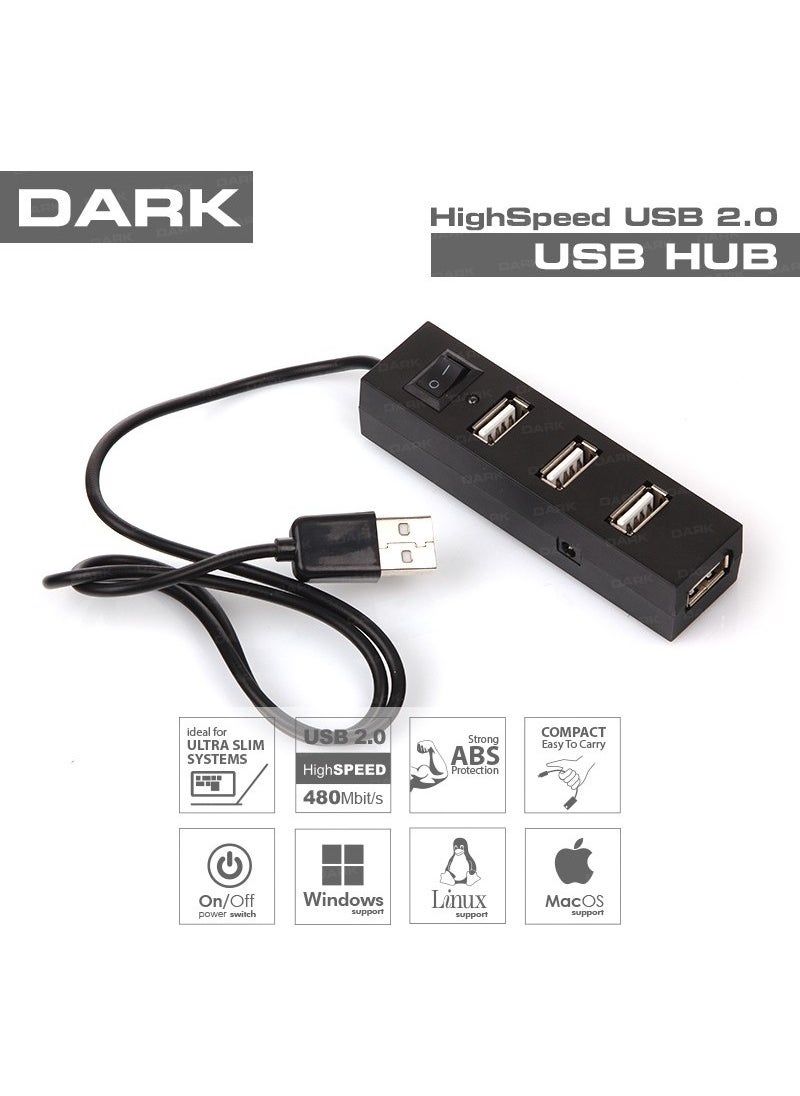 Dark - 4 Port USB2.0 Hub with On/Off Button - Image 1