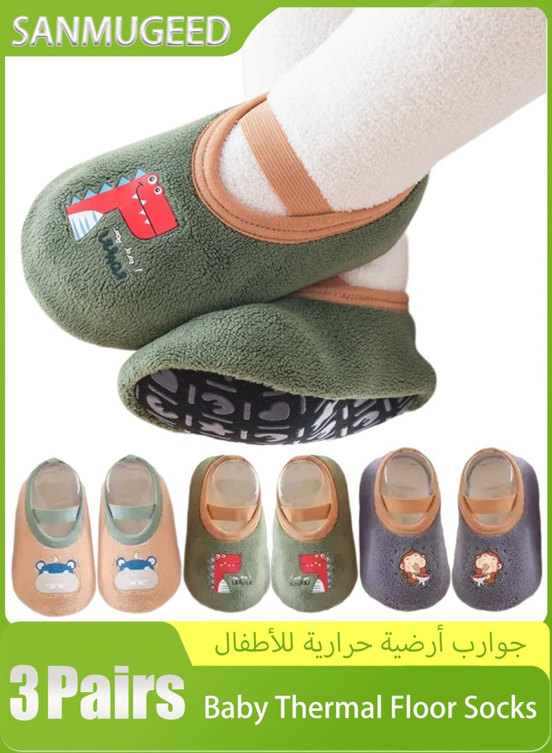 سانموجيد 3 أزواج من الجوارب الحرارية للأرضيات للأطفال مع مقابض، جوارب زحف داخلية ناعمة بنعل ناعم على شكل حيوان كرتوني لطيف لفصل الشتاء والخريف - Image 1