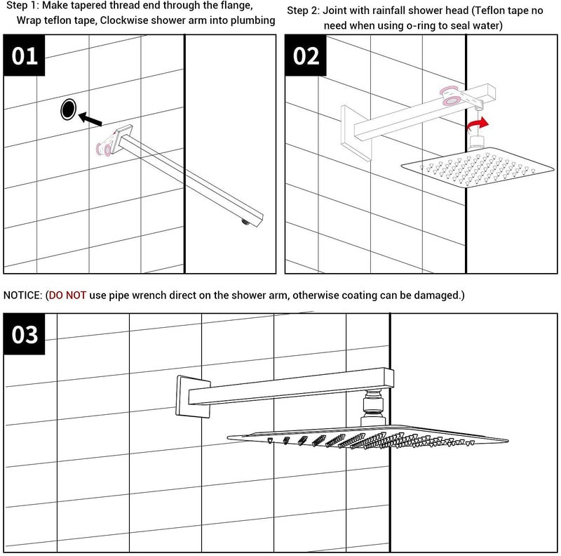 ALTON SHR20630 SS-304 Grade, 15-INCH Square Shower Arm With Wall Flange, Chrome Finish - Image 3