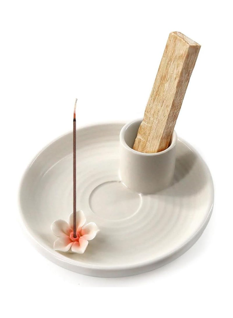 SOLARAE حامل بخور بالو سانتو، حامل عصي البخور، حامل مريمية للاحتراق، حامل بخور خزفي، حامل شمعة، جامع رماد للتأمل واليوغا (أبيض/5 بوصة) - Image 1