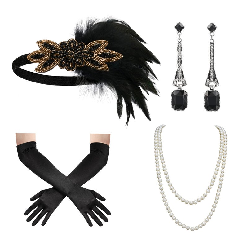 SWEETV 1920s Great Gatsby Accessories Set for Women, Flapper Headband Headpiece Roaring 20s Costume Accessories Set - Image 1