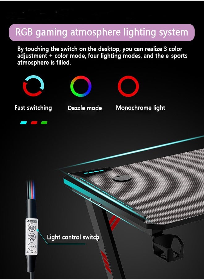 Yolu Carbon Fibre Surface Gaming Desk with Led Lights,Large RGB Gaming Computer Desk with Cup Holder Headphone Hook  - Image 3