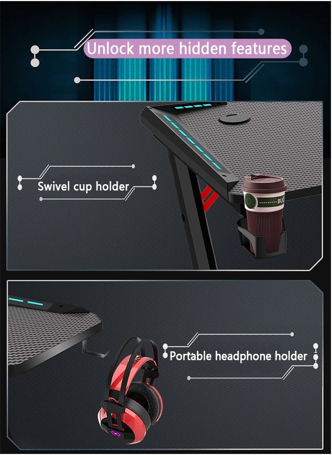 Yolu Carbon Fibre Surface Gaming Desk with Led Lights,Large RGB Gaming Computer Desk with Cup Holder Headphone Hook  - Image 5