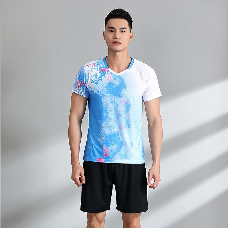 Generic Slim Fit New Couples Comfortable Quick-Drying Breathable Sweat-Wicking Sports Casual Fitness Tops Badminton Tennis Uniforms 1305 men's blue and white top