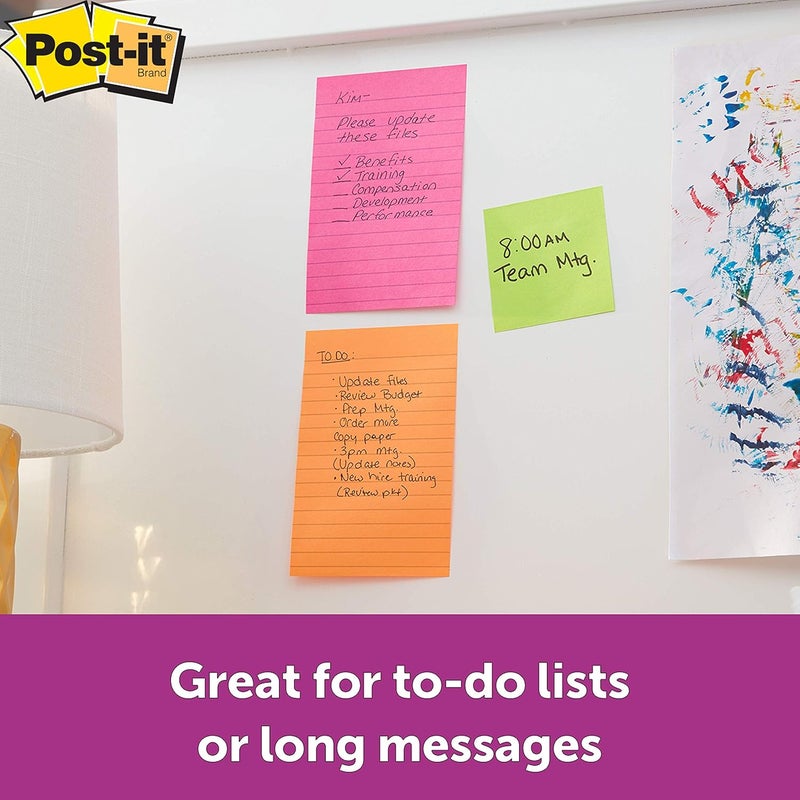 Post It 3M Super Sticky Lined Notes | 2X Sticking Power | 4 Pads x 45 Sheets | 4" x 6" | Notes, Reminders, Study, School and organizing | Bright Neon Colours - Image 3
